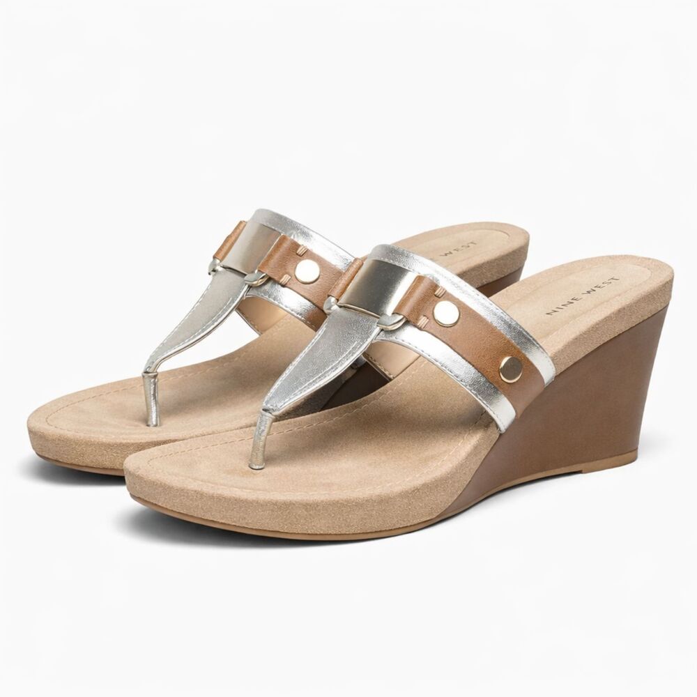 NINE WEST WEDGE METALLIC THONG SANDALS CAUSAL MATURE PROFESSIONAL BUCKLE